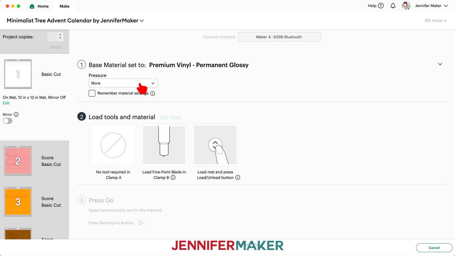 The &ldquo;Premium Vinyl - Permanent Glossy&rdquo; material setting with &ldquo;More&rdquo; pressure on the Design Space Make Screen.