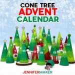 A collection of paper Christmas trees in shades of green with red details that make up the Minimalist Tree Advent Calendar project