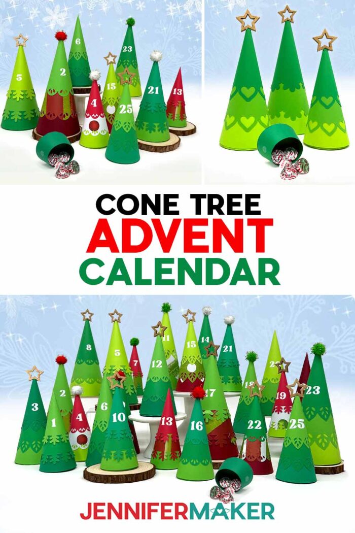 A collection of paper Christmas trees in shades of green with red details that make up the Minimalist Tree Advent Calendar project. Learn how to make your own in the free tutorial with the free file!