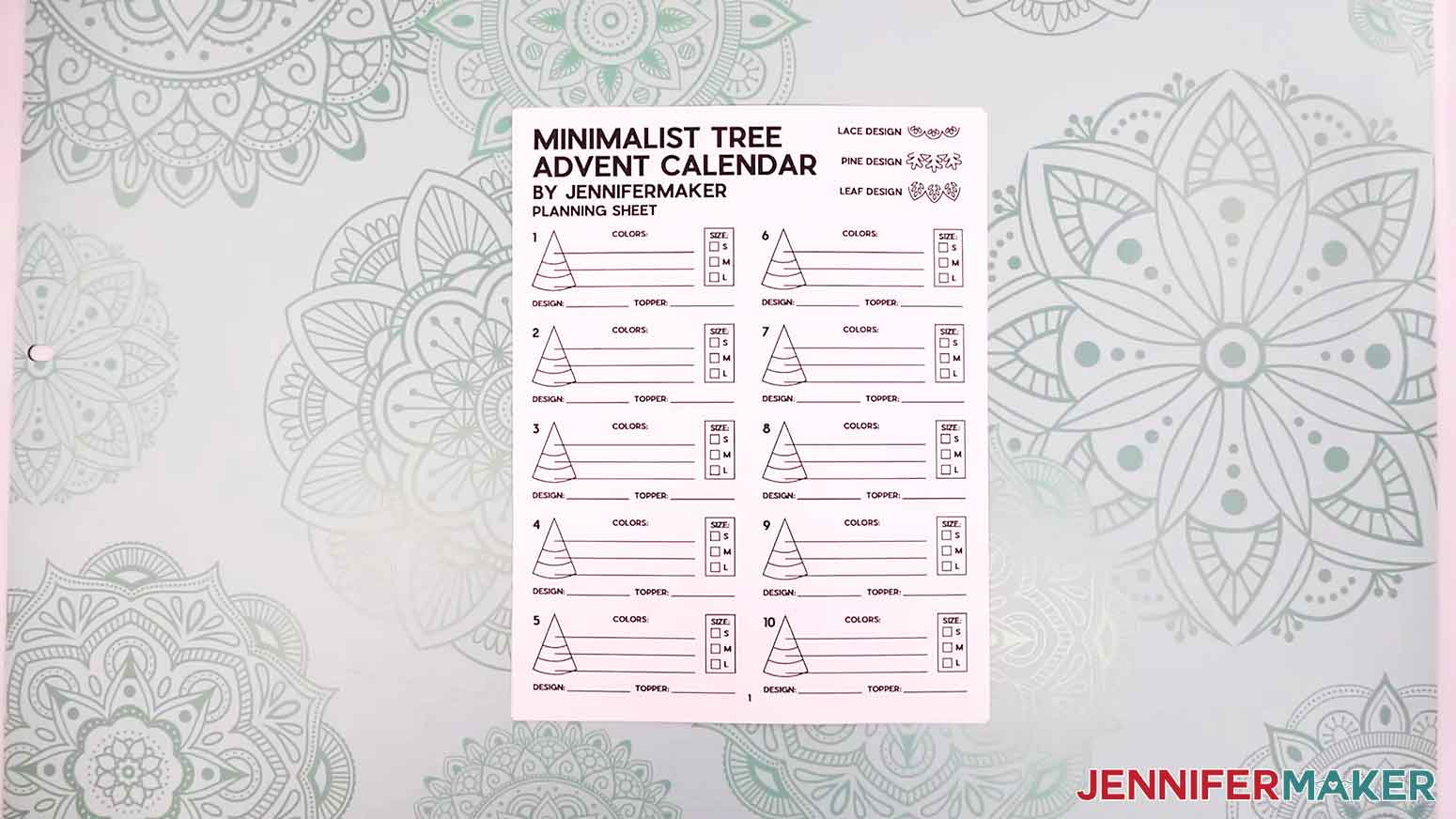 Printed planning sheet for the minimalist tree advent calendar, showing spaces to write the size, edge design, topper, and cardstock colors for the three tiers.