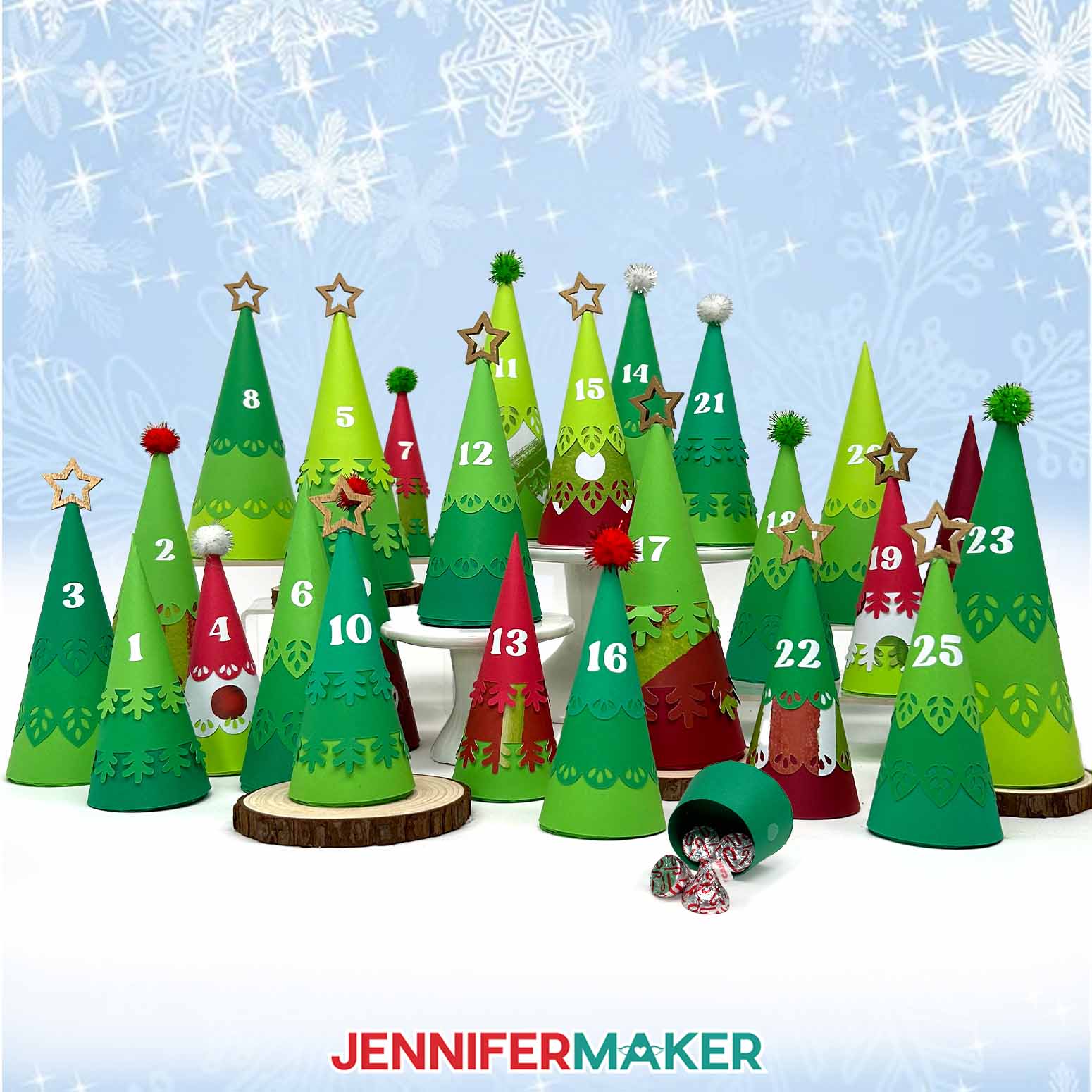 All 25 finished Minimalist Tree Advent Calendar trees on display in shades of green with red details.