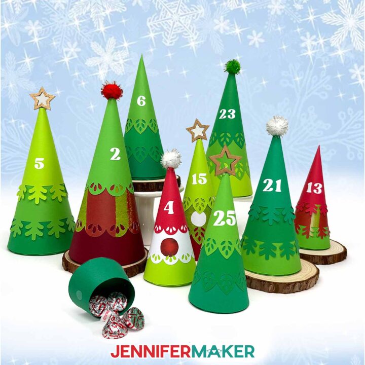 The finished Minimalist Tree Advent Calendar trees on display in shades of green with red details.