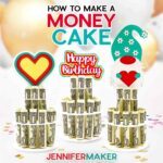 Three colorful money cake decorations holding rolled dollar bills in a column, topped with a multicolor heart, a Happy Birthday sign, and a cute gnome with a teal hat, made using JenniferMaker SVG files.