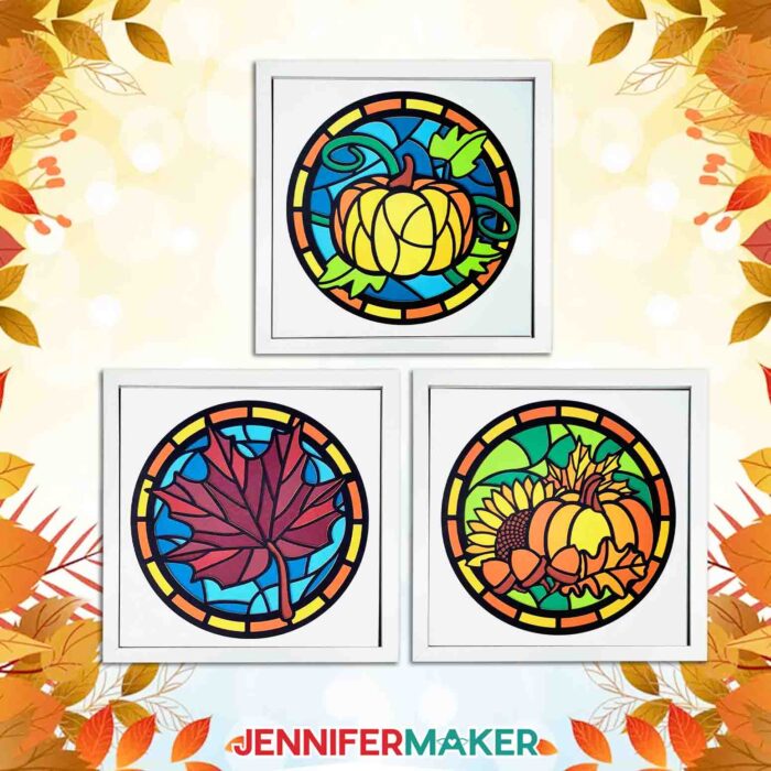 Framed shadow boxes with maple leaf, pumpkin, and sunflower layered cardstock designs made to look like stained glass.