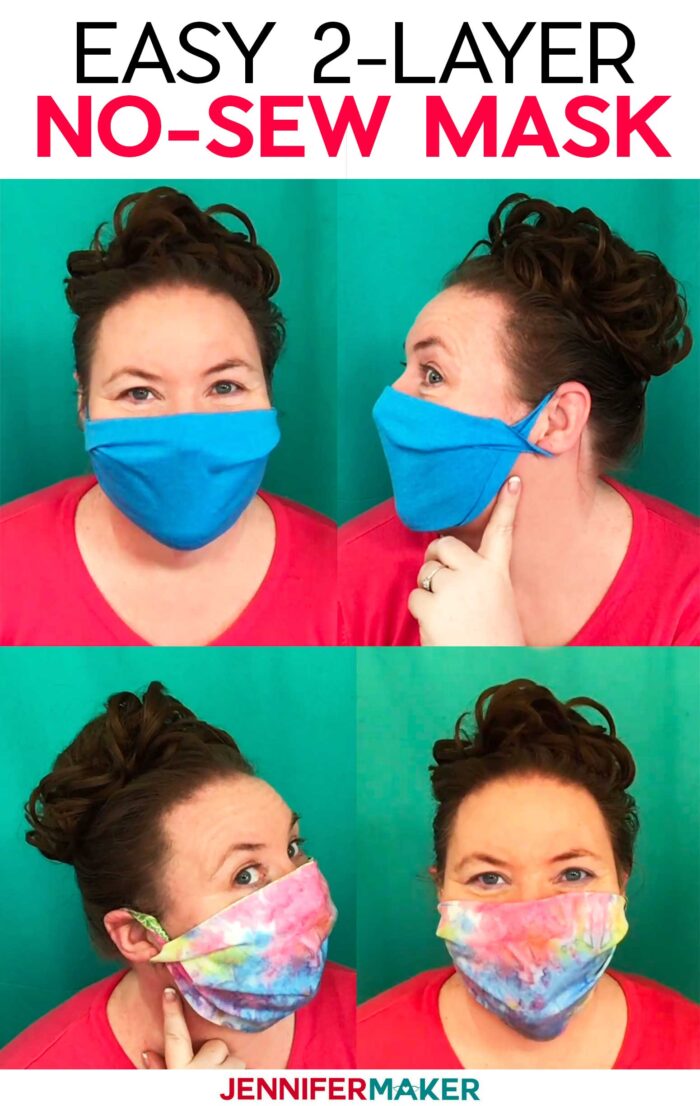 Make a no-sew face mask from a T-shirt or woven cotton without elastic or ties -- super easy and fast with free pattern and SVG cut file for a Cricut!