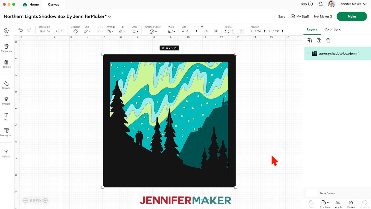 Northern Lights Shadow Box design on the Canvas in Cricut Design Space