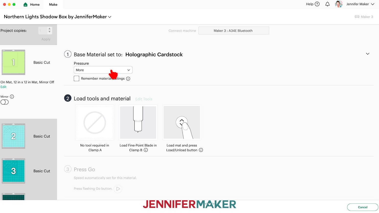 Make screen in Cricut Design Space, choosing Base Material settings to make a Northern Lights Shadow Box