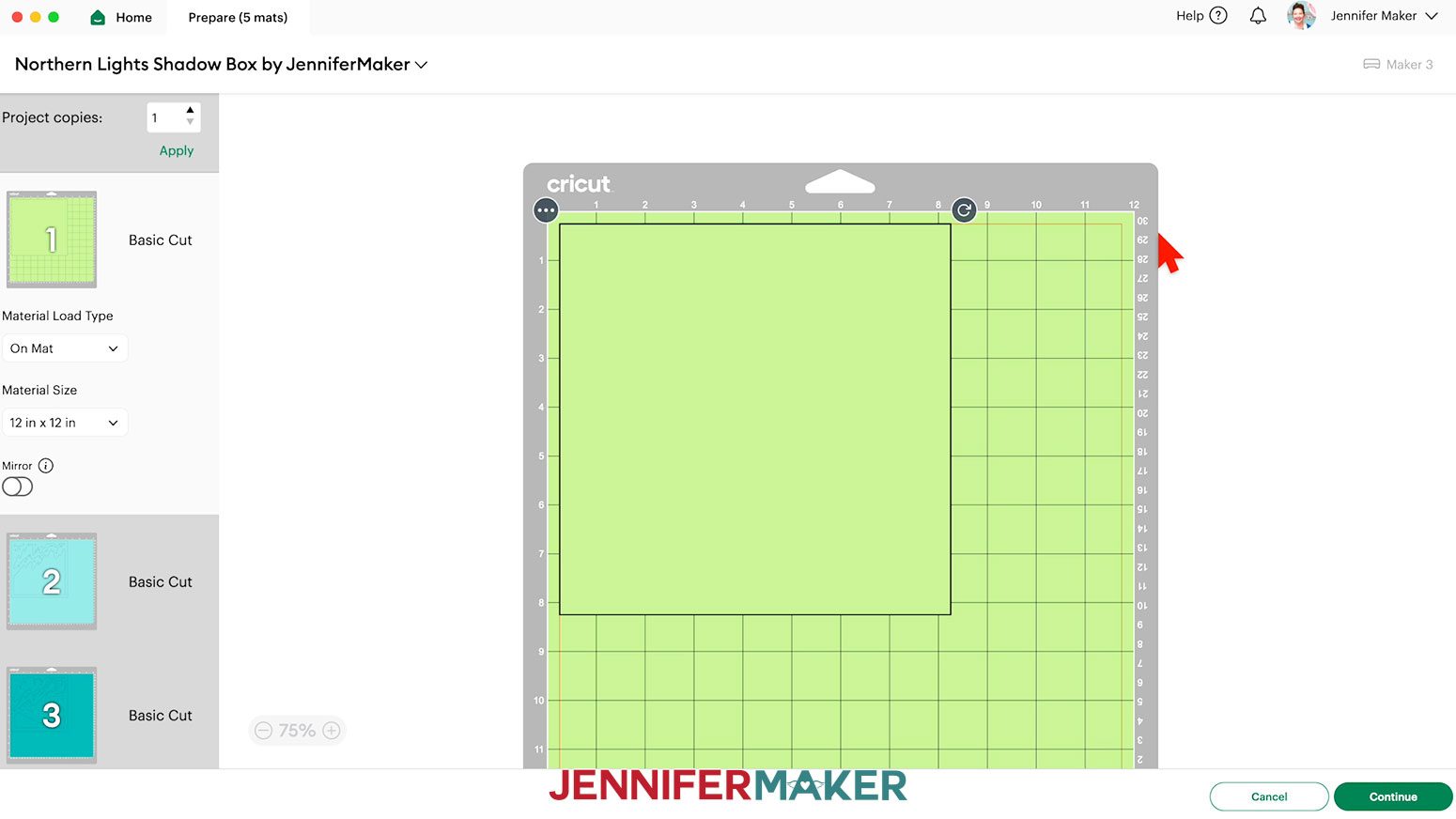 Prepare screen in Cricut Design Space, preparing to make a Northern Lights Shadow Box