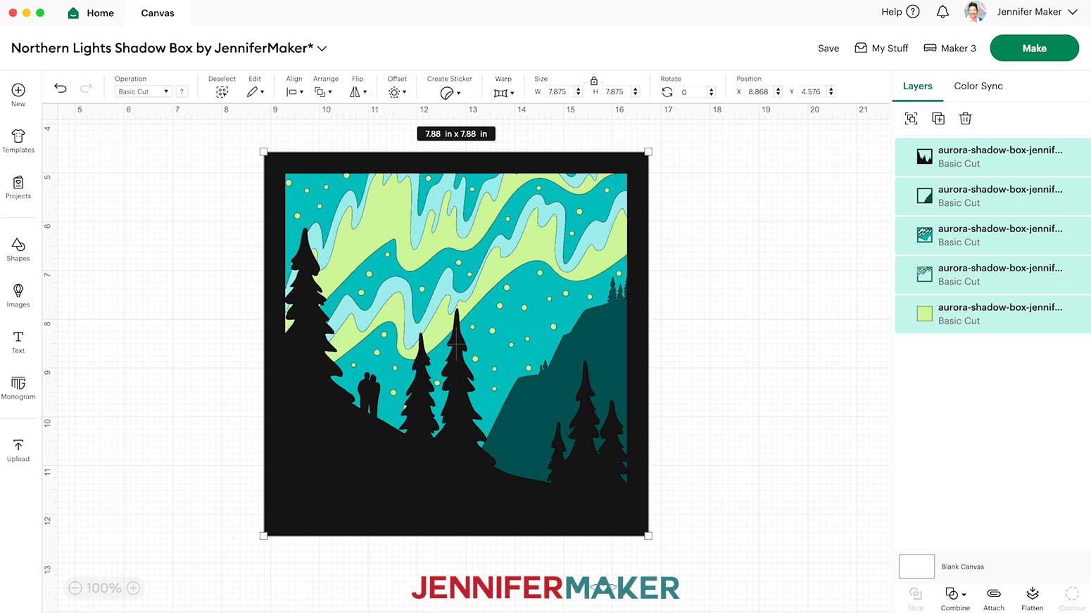 Resizing the design on the Canvas in Cricut Design Space to make a Northern Lights Shadow Box