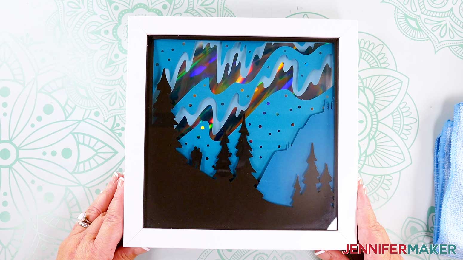 Finished Northern Lights Shadow Box on the work surface
