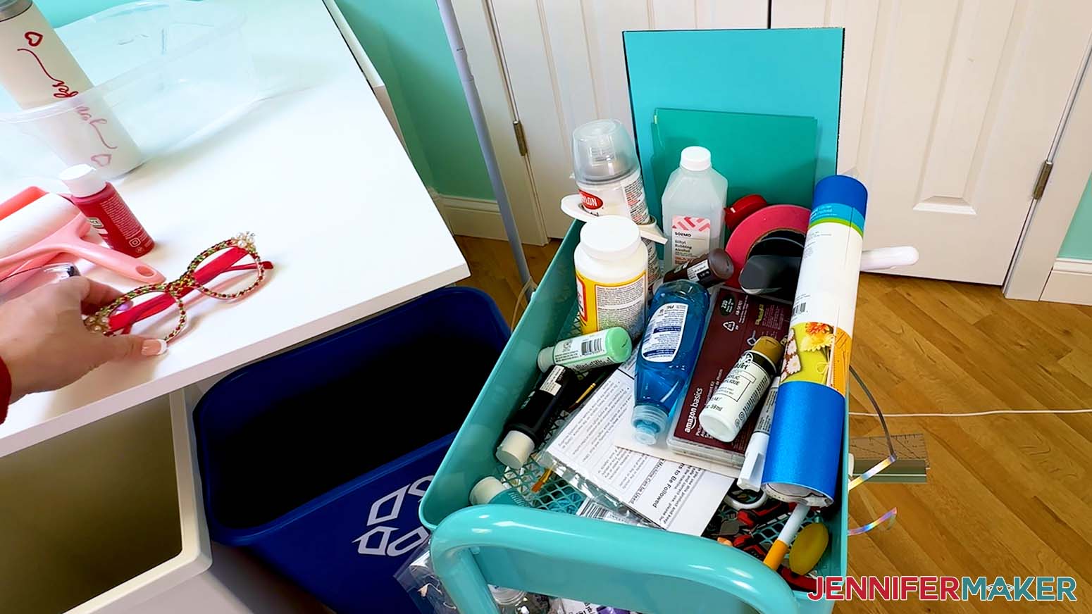 Removing eye glasses from the messy craft cart.