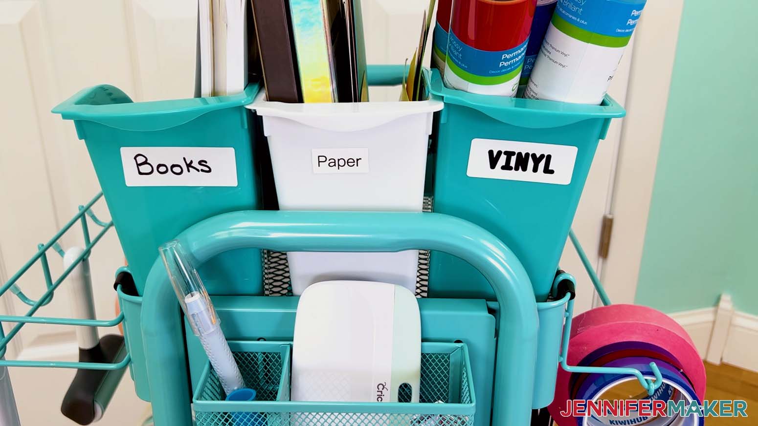 Add labels to the bins to organize the craft supply cart.