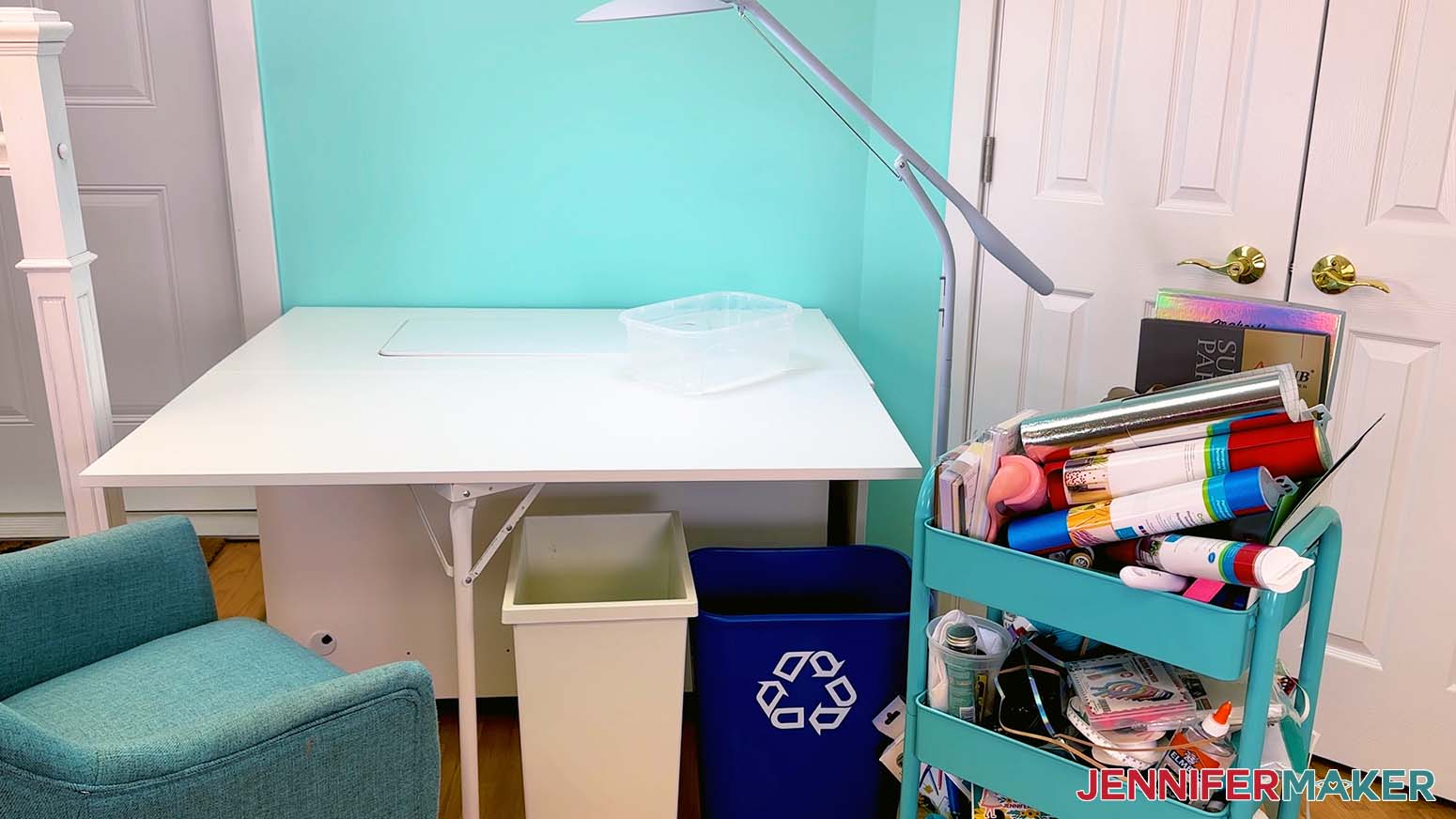 Clear work table to group and organize craft supplies.