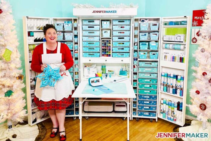 Jennifer with her Blue DreamBox organizing her craft supplies and Cricut cutting machines