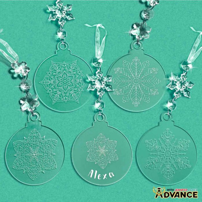 Engraved acrylic ornaments with snowflakes and mandalas. Learn how to do Acrylic Engraving with a Cricut in the free tutorial!