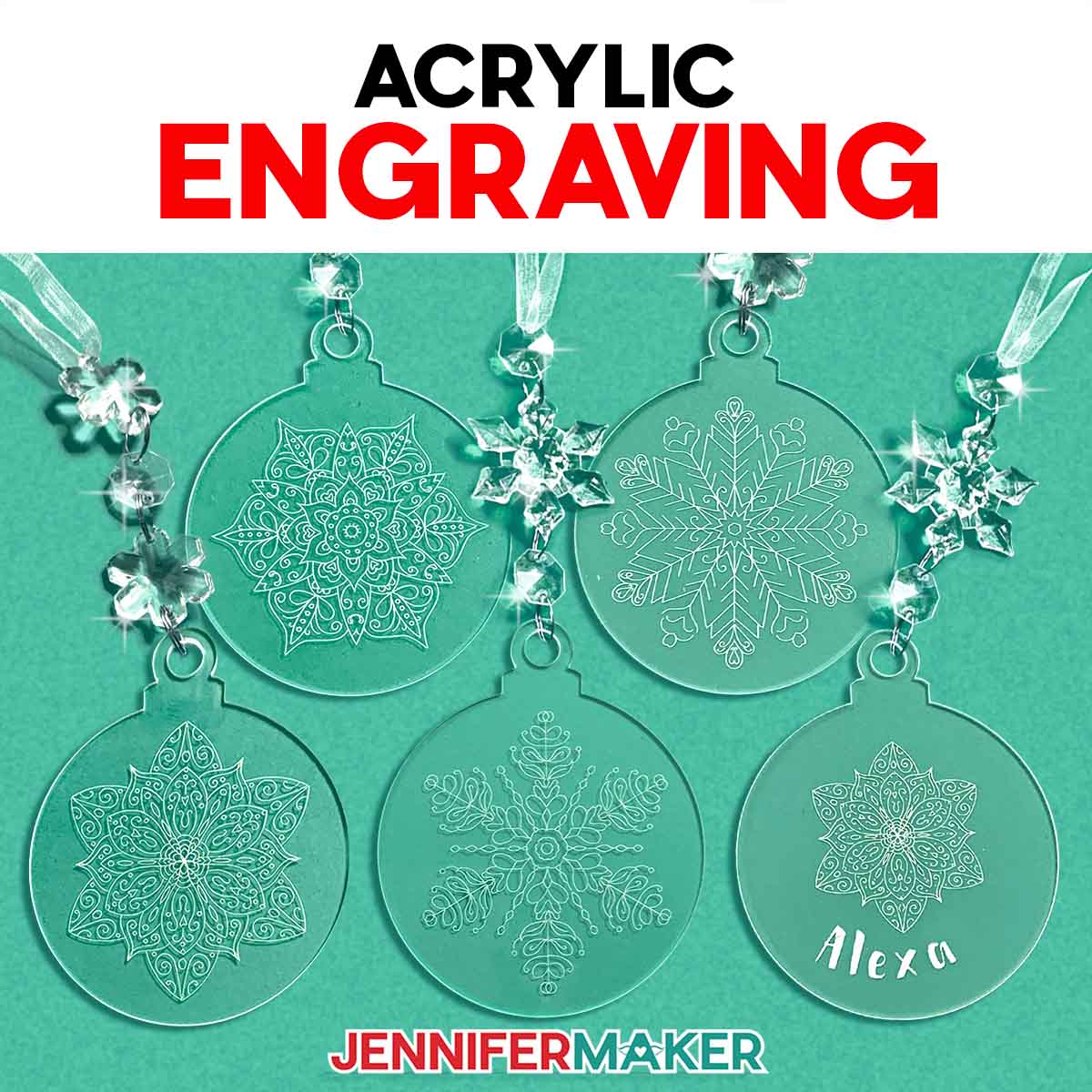 Engraved acrylic ornaments with snowflakes and mandalas. Learn how to do Acrylic Engraving with a Cricut in the free tutorial!