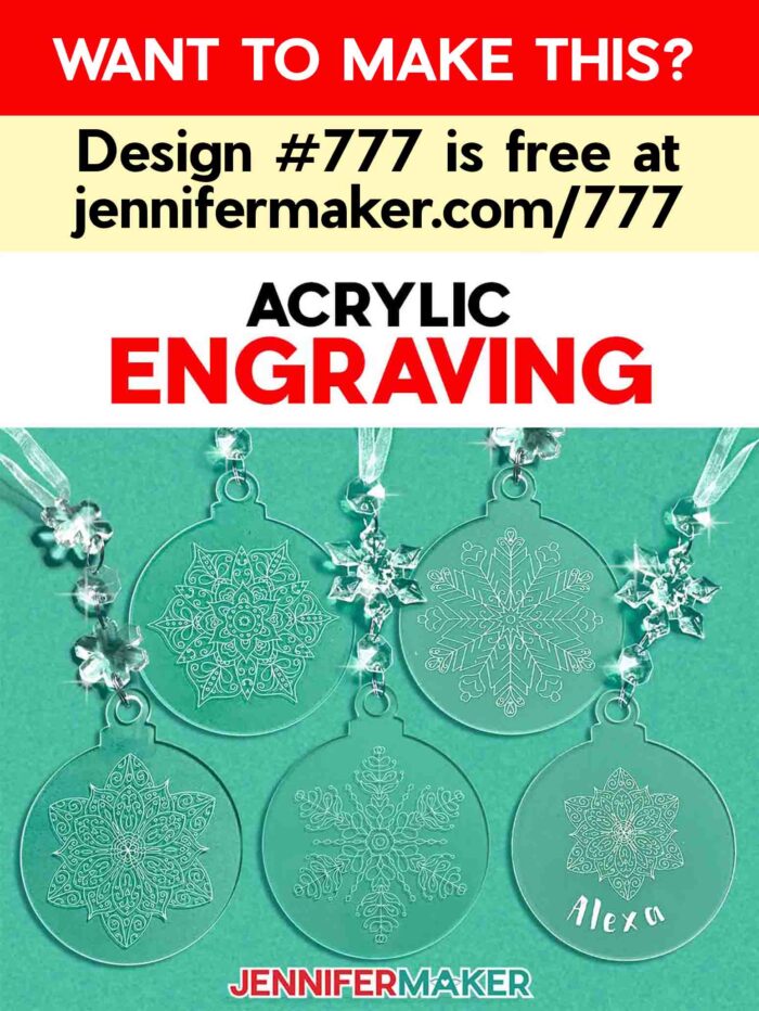 Engraved acrylic ornaments with snowflakes and mandalas. Learn how to do Acrylic Engraving with a Cricut in the free tutorial! Want to make this? Design #777 is free at jennifermaker.com/777
