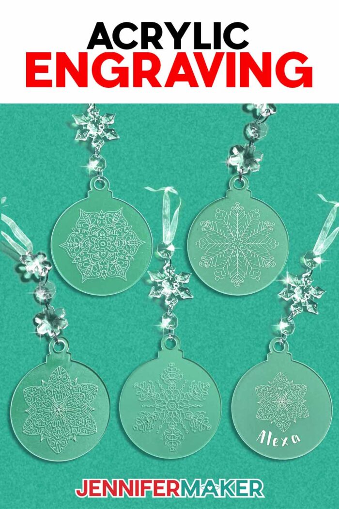 Engraved acrylic ornaments with snowflakes and mandalas. Learn how to do Acrylic Engraving with a Cricut in JenniferMaker's free tutorial!