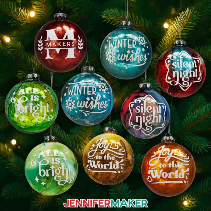 DIY Alcohol Ornaments displayed in a styled photo.