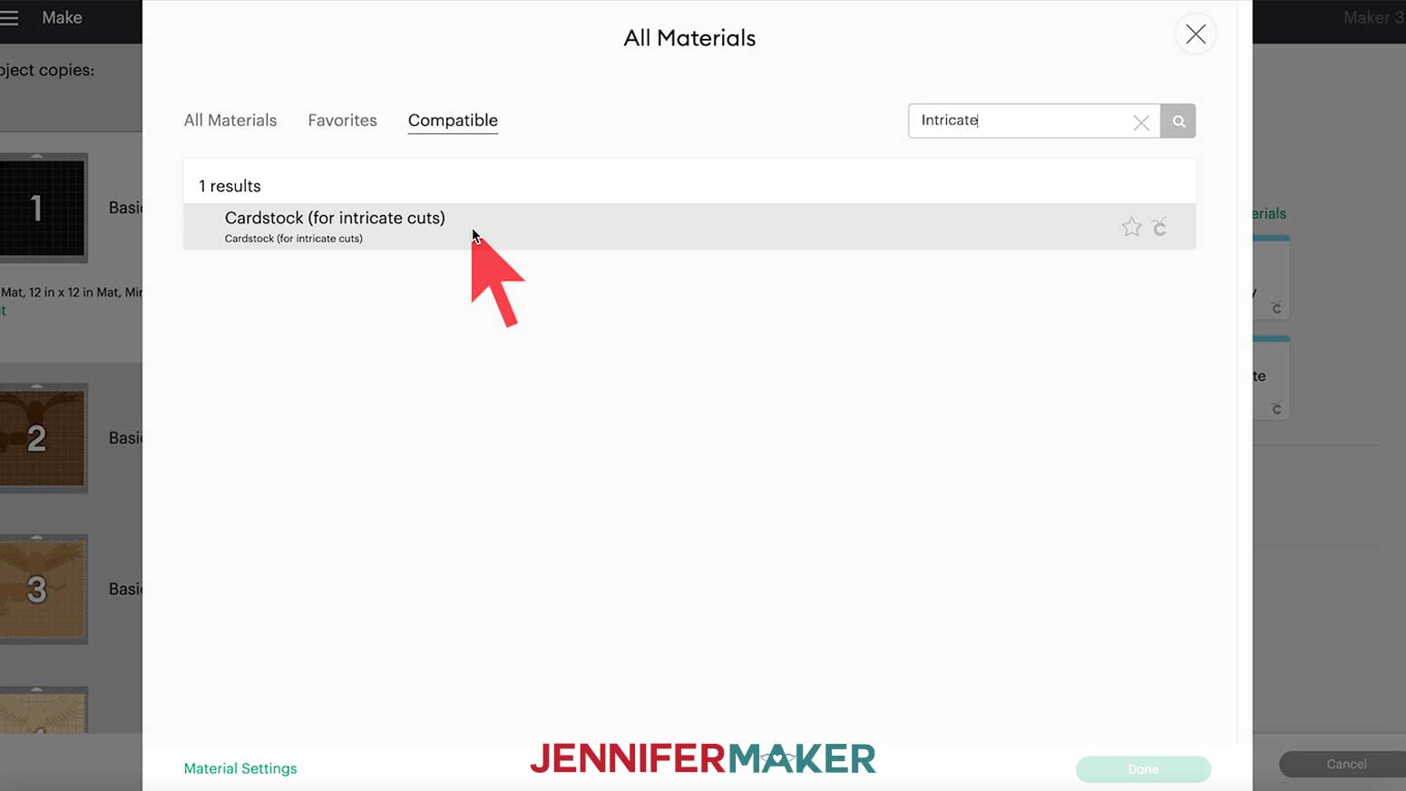 A screenshot showing how to select the Materials setting for Cardstock (for intricate cuts) in Cricut Design Space