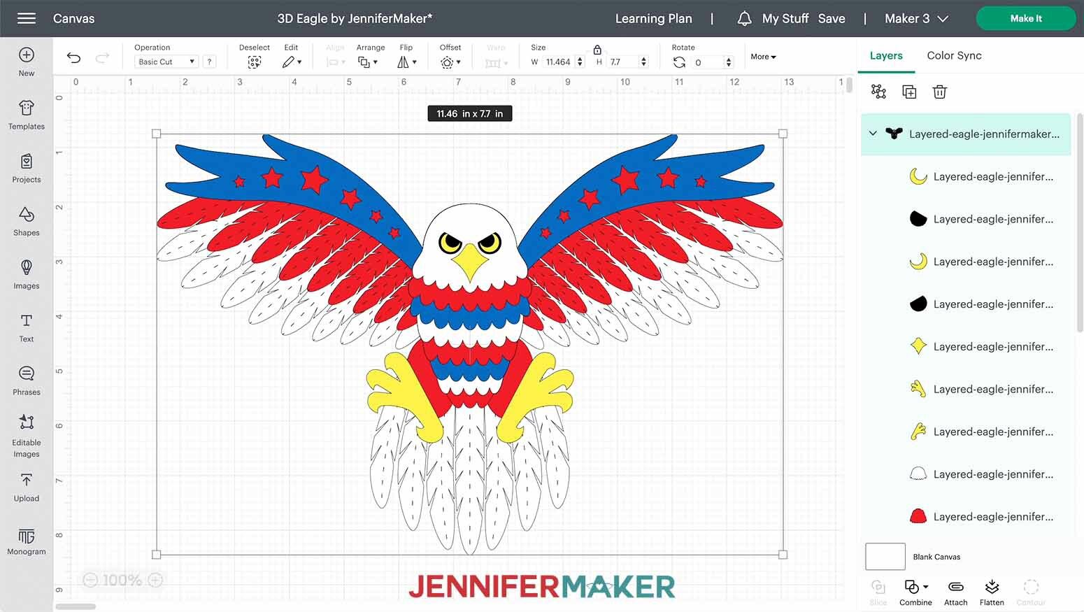A screenshot of the layered eagle design in Cricut Design Space showing the uploaded size as 11.46 inches by 7.7 inches with the controls and menu surrounding it.