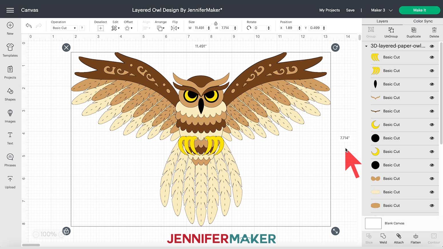 A screenshot of the layered owl SVG design in Cricut Design Space showing the uploaded size as about 11.5 inches by 7.75 inches with the controls and menu surrounding it.
