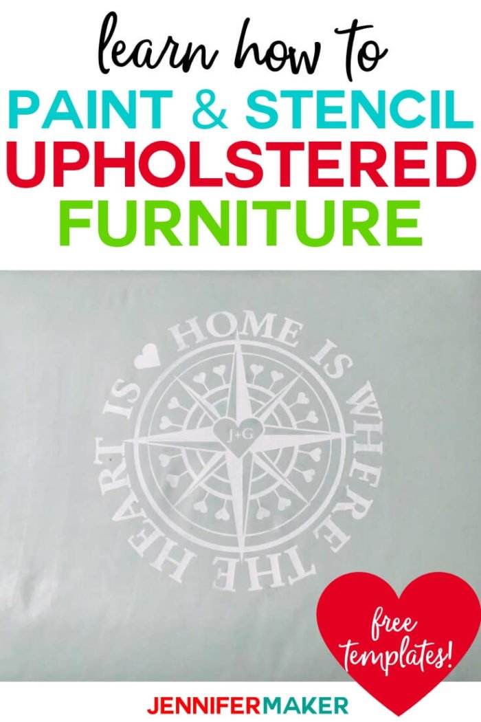 Learn how to reclaim old furniture with paint and a stencil. I will teach you how to paint upholstered furniture so it stays soft and flexible and stencil a design on it too! #cricutprojects #diy #tutorial #craftprojects #cricut #cricutmade