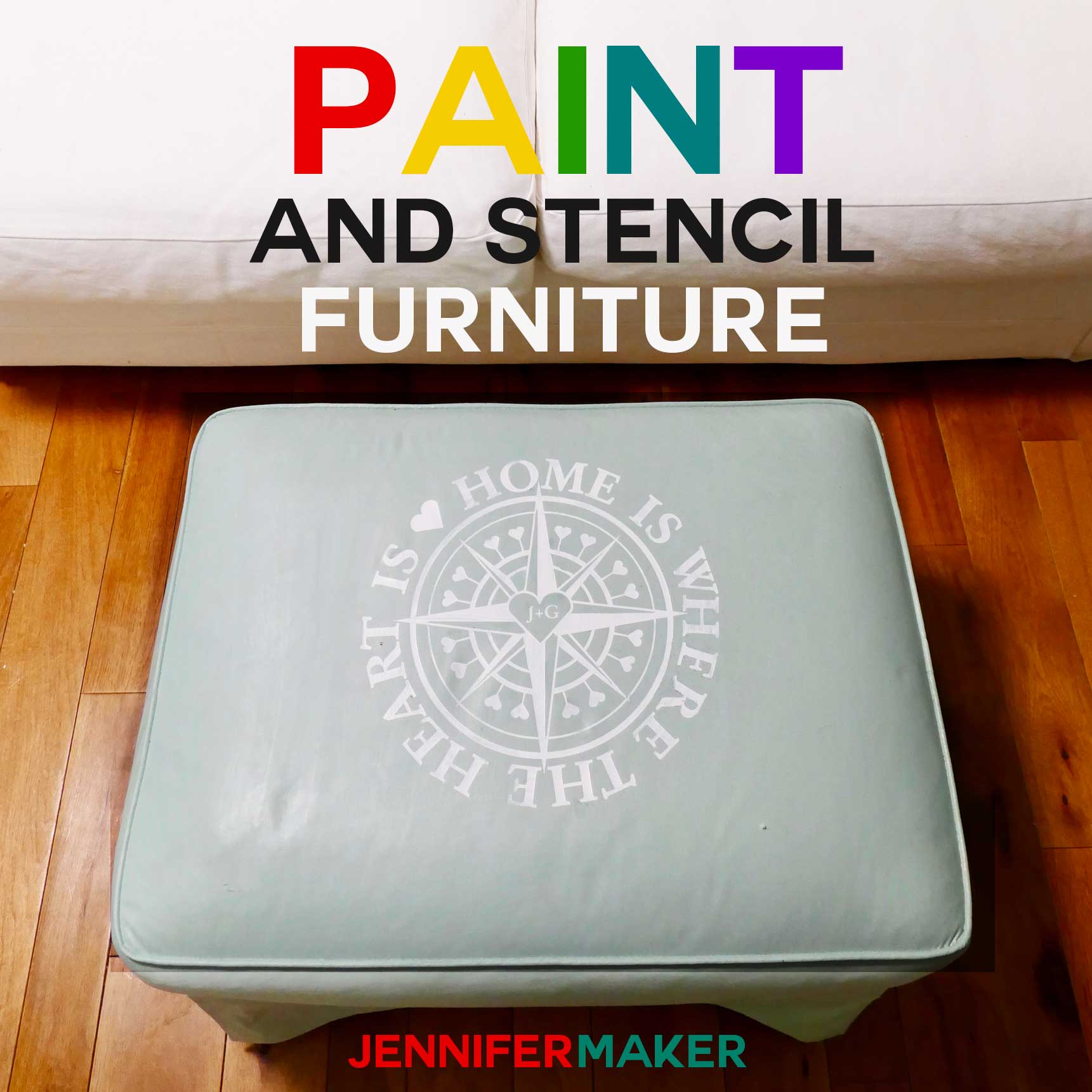 How to Paint Upholstered Furniture and Stencil it with a free home design #cricut #furniture #diyhomedecor #svgcutfile #coastal