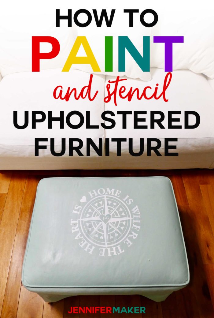 How to Paint Upholstered Furniture and Stencil it with a free home design #cricut #furniture #diyhomedecor #svgcutfile #coastal