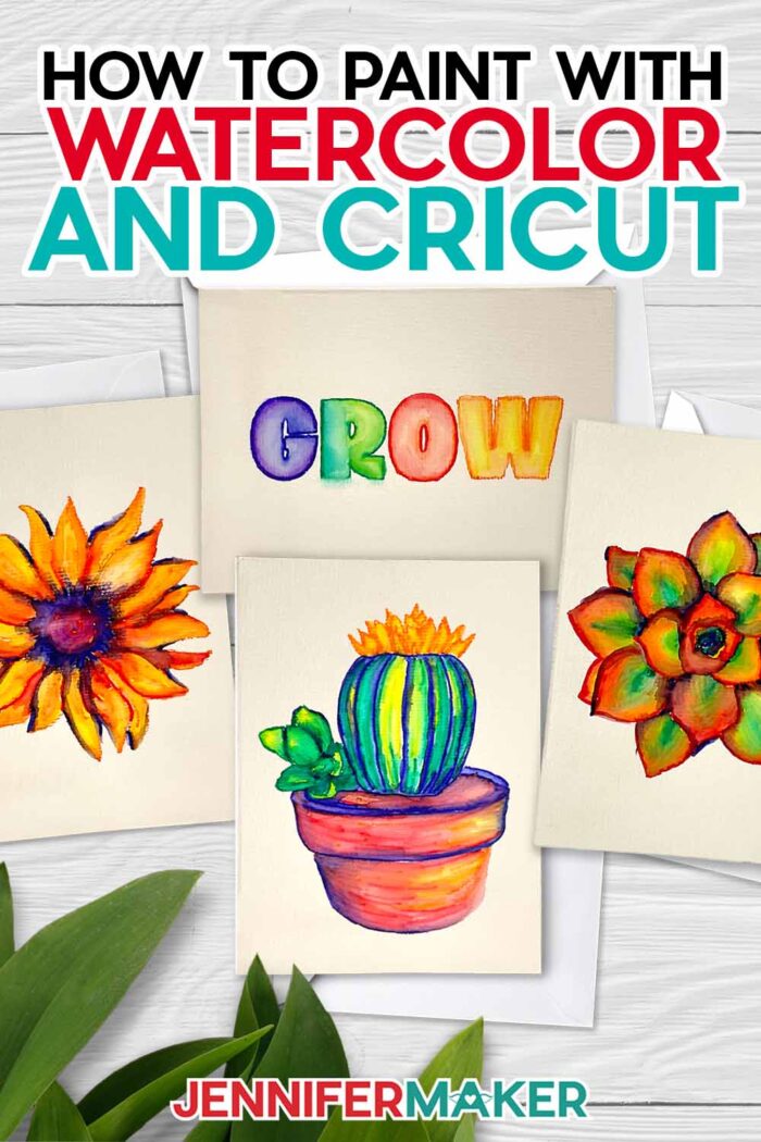 Learn how to paint watercolor plants with a Cricut! Four notecards, each with vibrant watercolor plant designs painted on the front, lie on a whitewashed wooden surface, each with an envelope. There's a sunflower, a cactus, a succulent, and a multicolored word "GROW." With JenniferMaker's tutorial, you can learn how to paint with watercolor and Cricut!
