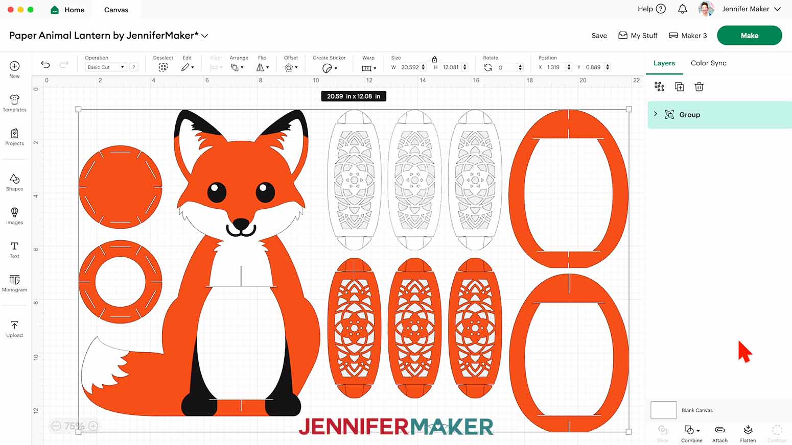 The fox paper animal lantern design on the Cricut Design Space Canvas.