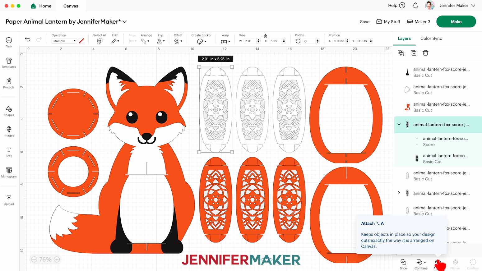 Attach the grouped Score and Basic Cut layers in Cricut Design Space.