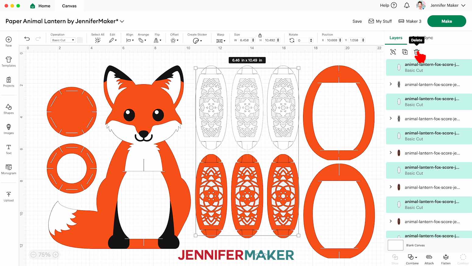 Delete the gray diffuser pieces in Cricut Design Space if you won't use them to make the fox paper lantern.