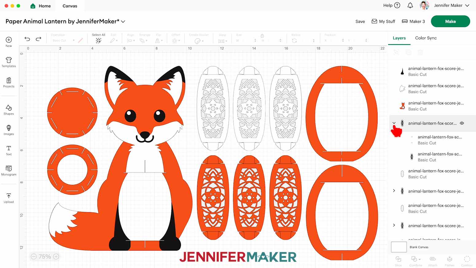 Expand a grouped layer by clicking the arrow in the Cricut Design Space Layers Panel.