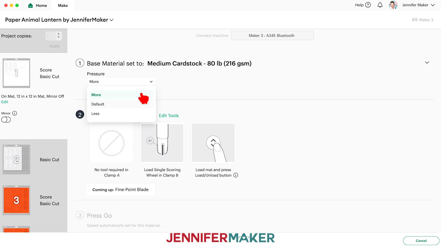 The Medium Cardstock material setting in Cricut Design Space with More pressure selected.