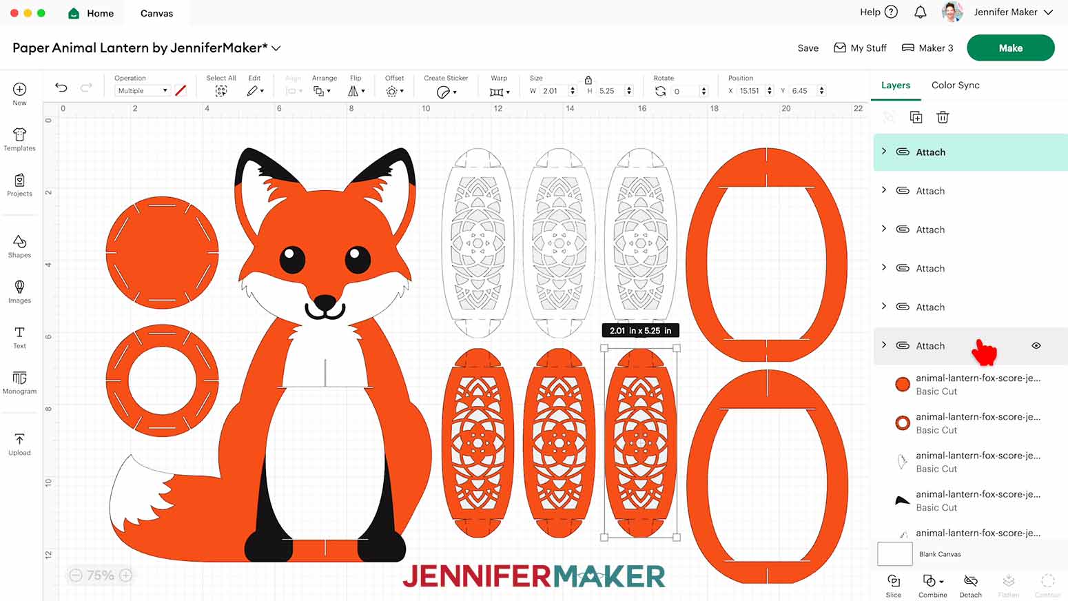 The fox paper lantern design on the Design Space Canvas with all layers ready to cut.