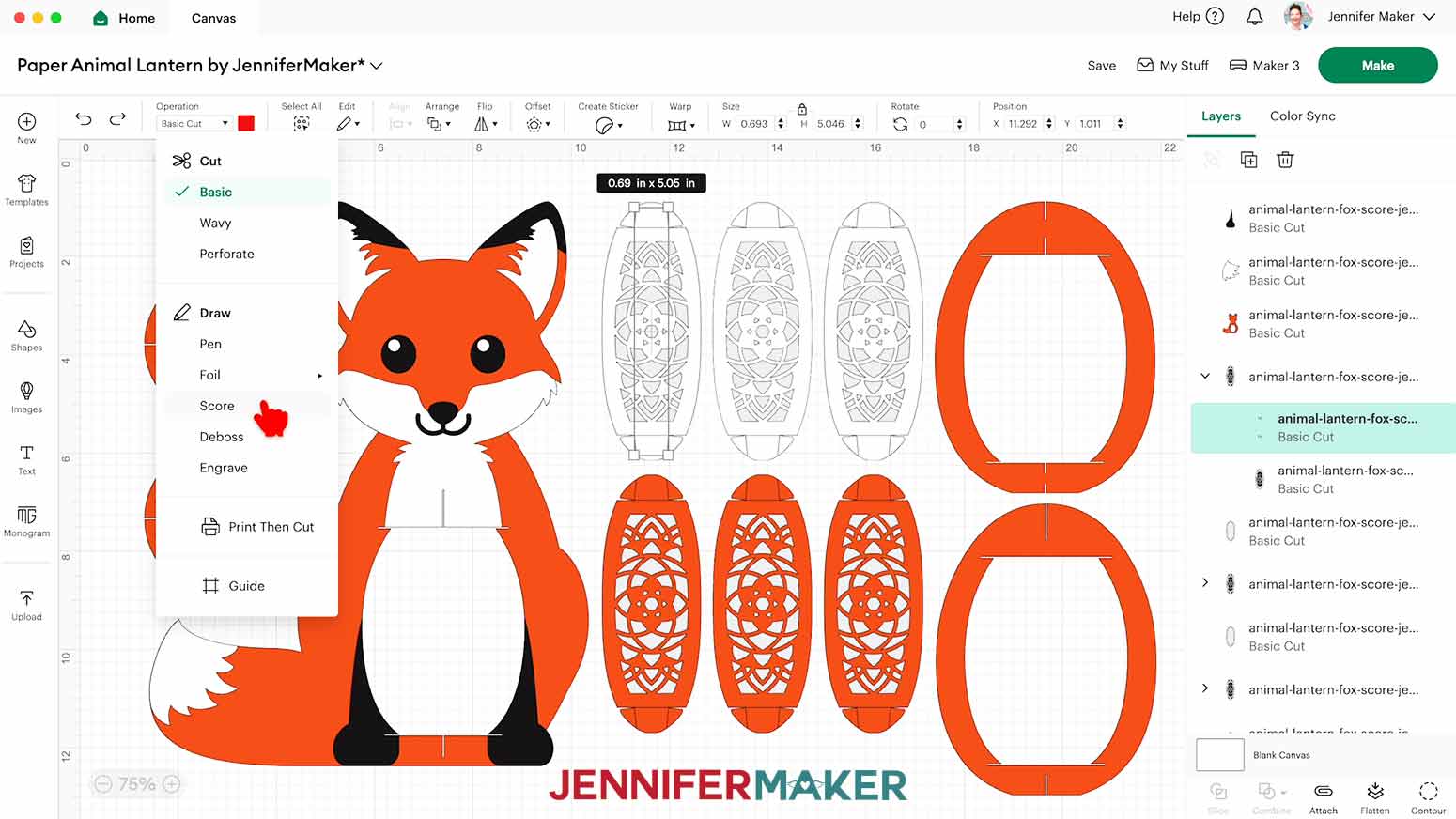 Select Score in the Operation menu in Cricut Design Space to convert the score lines on the fox lantern's panels.