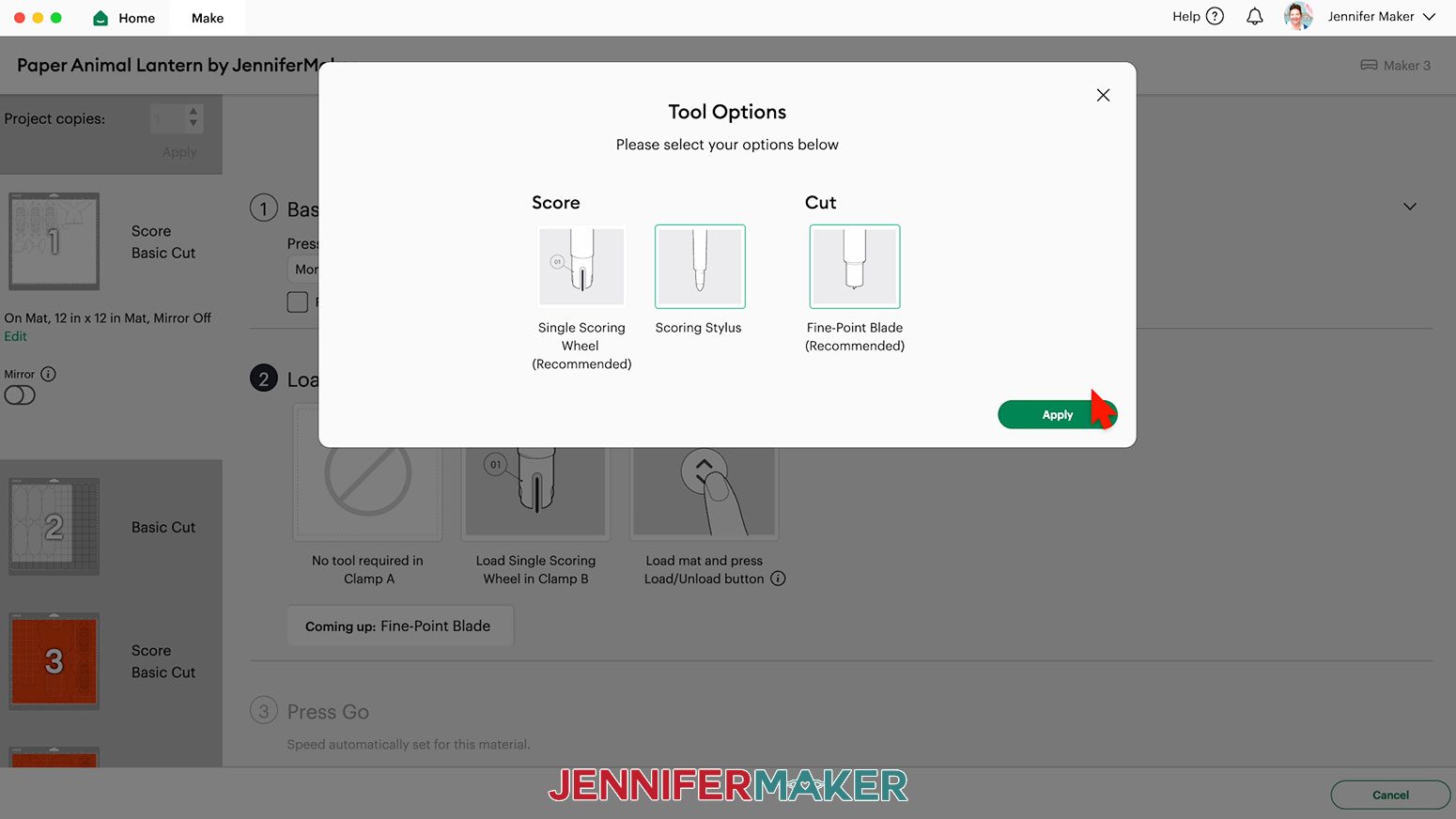The Tool Option pop up window in Cricut Design Space, showing Scoring Stylus and Fine-Point Blade selected.