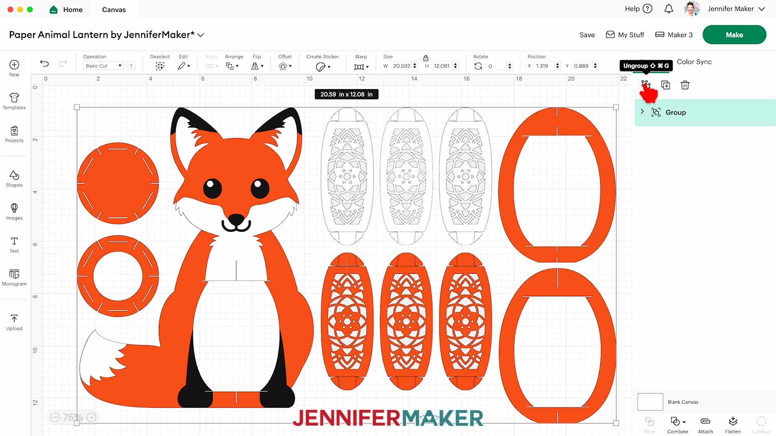 Ungroup the fox paper lantern design in Cricut Design Space.