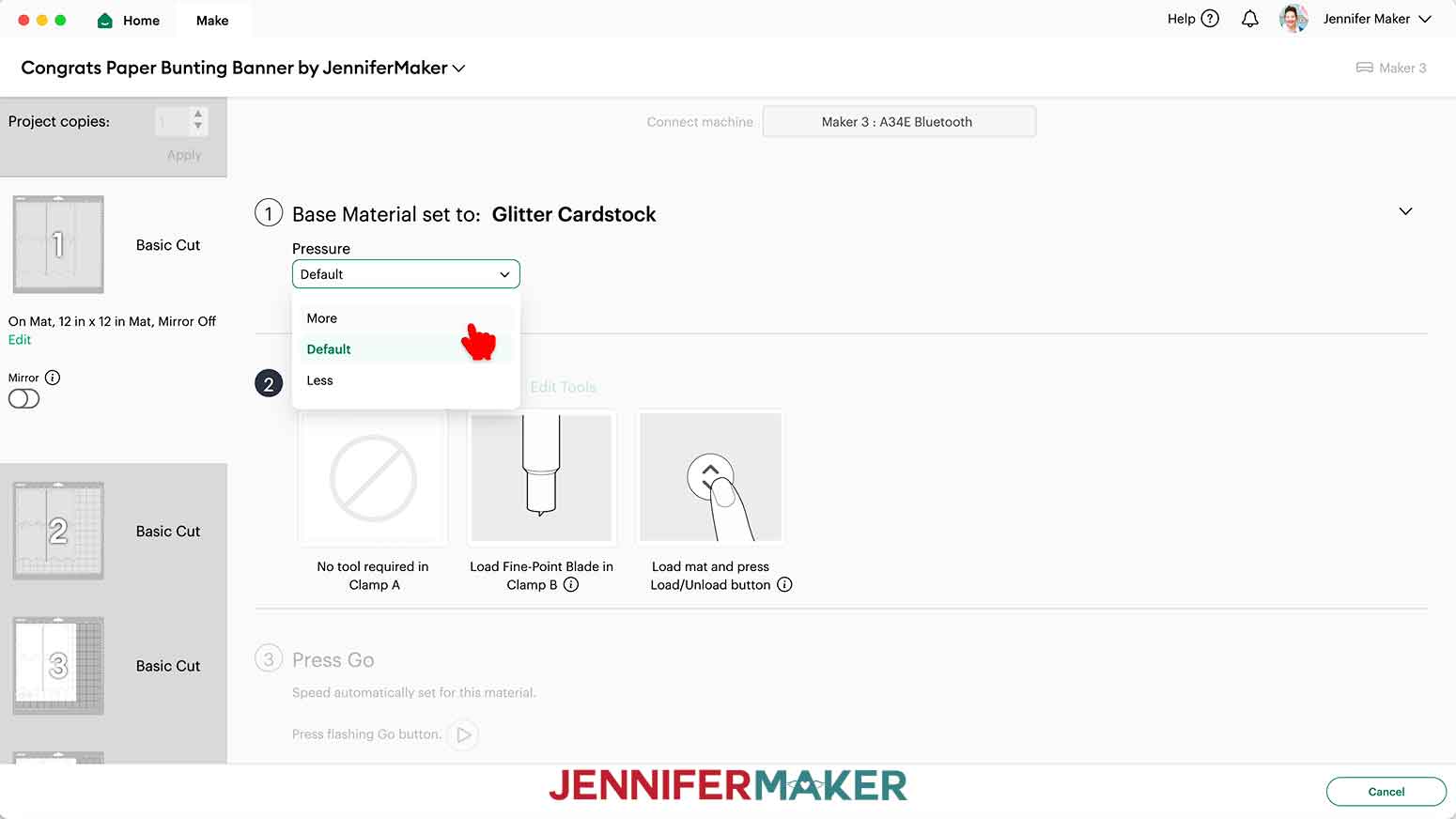 With glitter cardstock material set, click the Pressue dropdown arrow and select more.