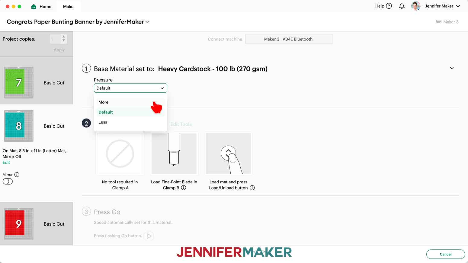 With heavy cardstock material set, click the Pressue dropdown arrow and select more.