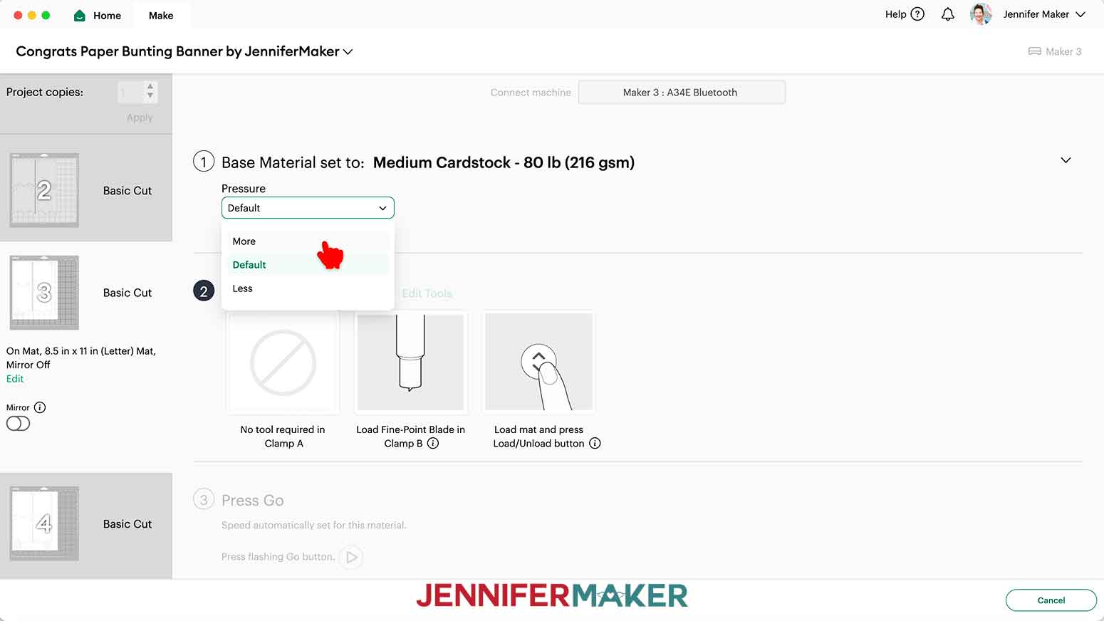 With medium cardstock material set, click the Pressue dropdown arrow and select more.