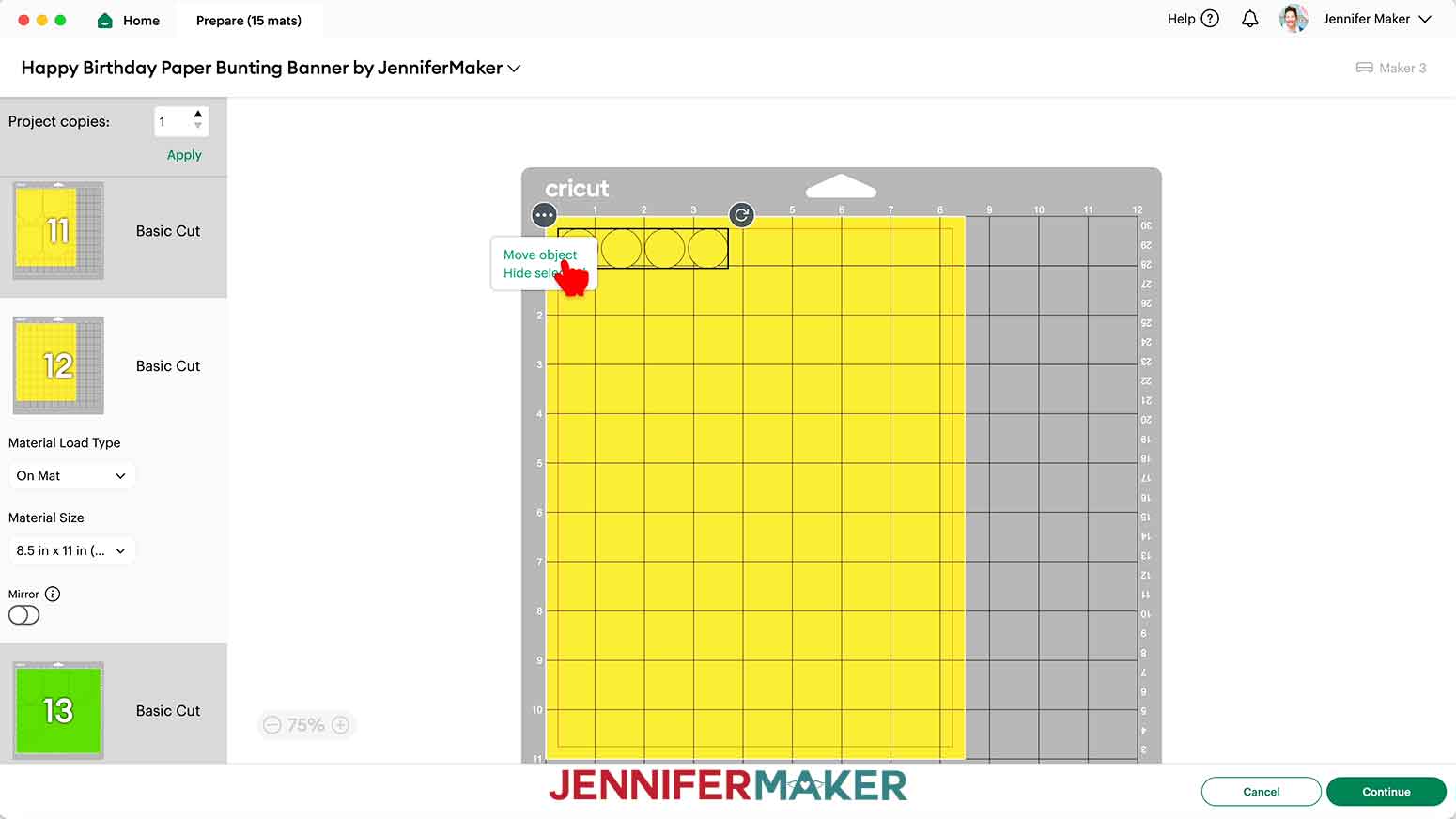 Select the objects on the second yellow mat and click the three dots to select Move object to combine the dots with the first yellow mat.