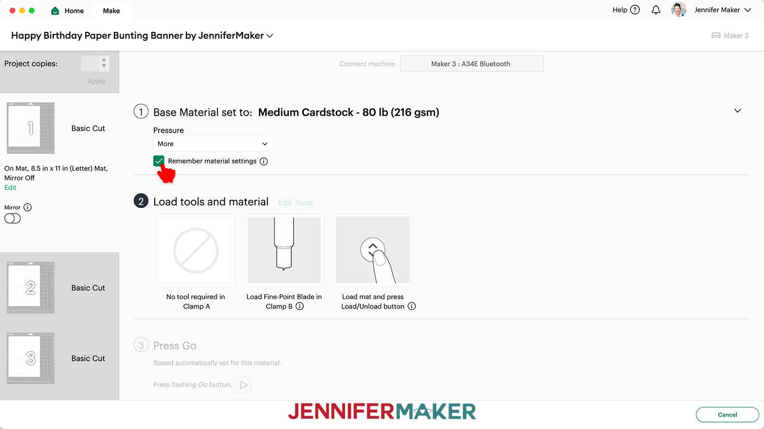 Select the material setting for medium cardstock with more pressure selected. Also check the box to remember the material setting for future mats.