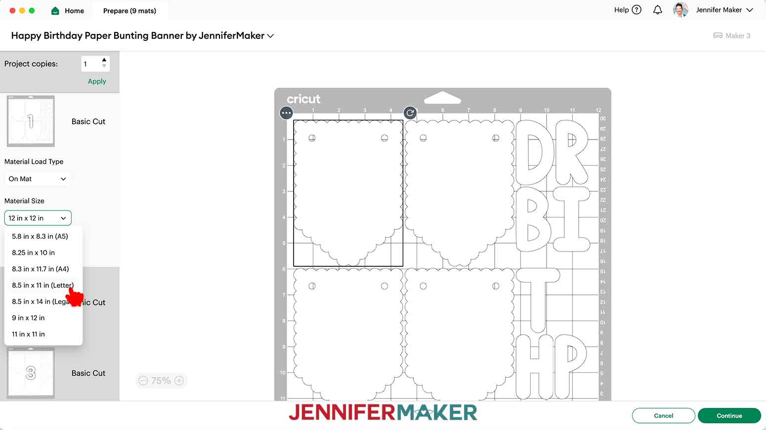 Click the drop down arrow to change the material size to 8.5 in x 11 in.