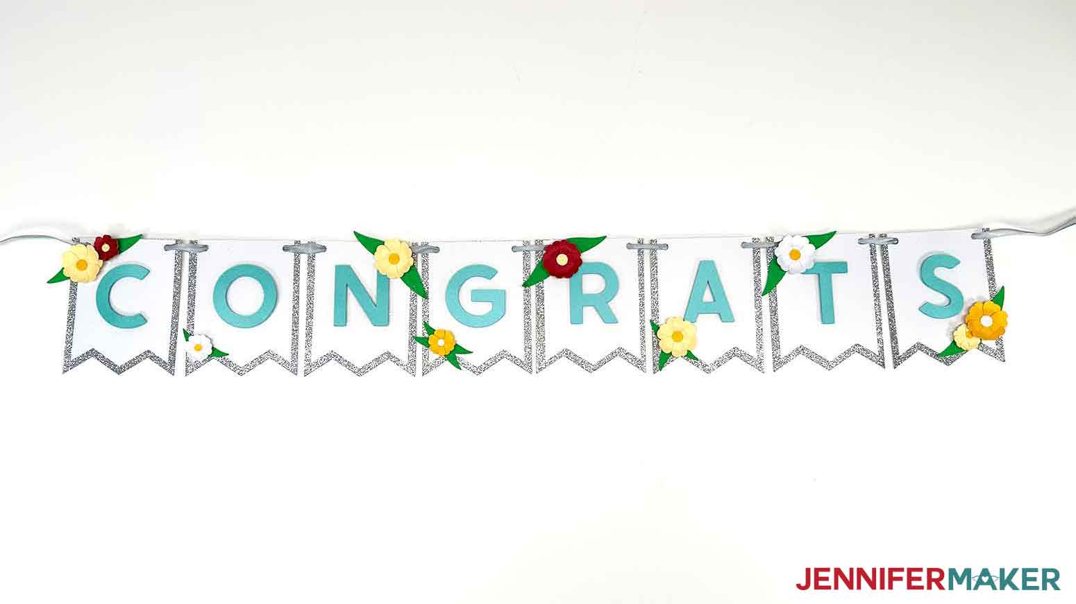 Final congrats paper bunting banner displayed.
