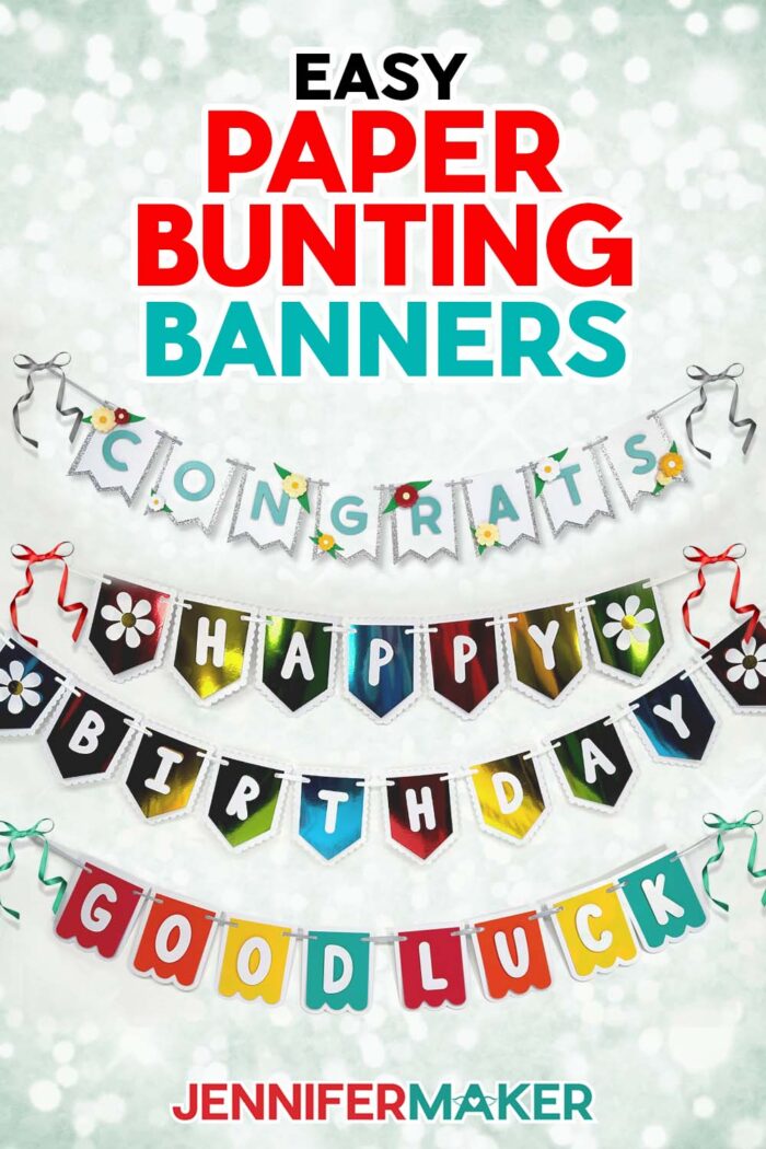 Pin this "How to Make a Paper Bunting Banner" tutorial and SVG on Pinterest! Three cardstock banners hang on display.