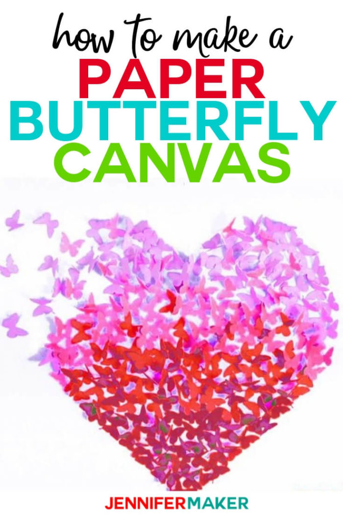 Learn how to make an EASY paper butterfly heart canvas or wall art, complete with four free butterfly patterns for you to use! #cricut #cricutmade #cricutmaker #cricutexplore #svg #svgfile