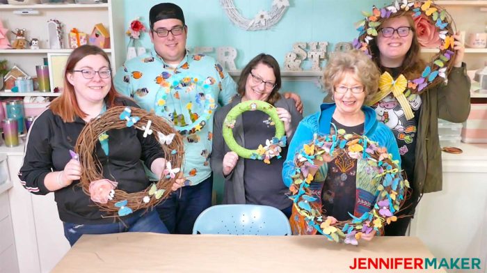 Jennfier's family with their paper butterfly wreaths!