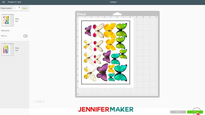 Preview screen in Cricut Design Space showing print then cut paper butterflies